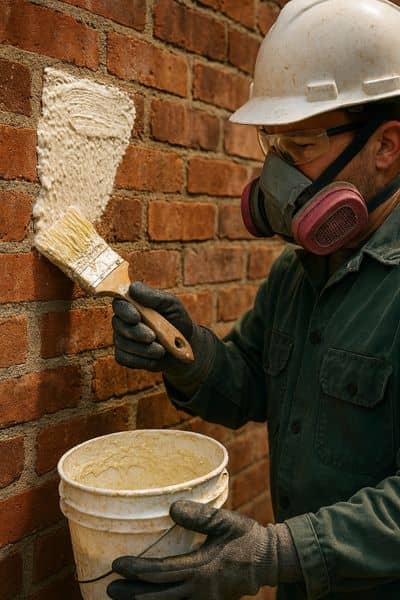 Professional applying chemical stripper to painted brick wall in Madison wearing protective gear, showing safe brick restoration process
