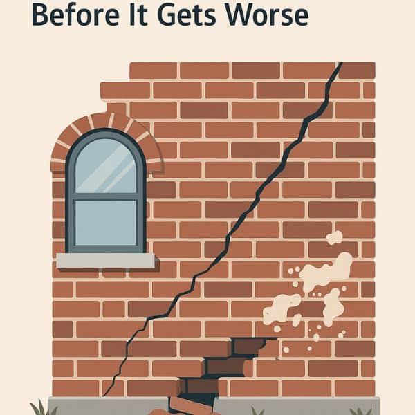 Illustration showing common signs of brick masonry damage including cracks, missing mortar, bulging walls, and water stains.