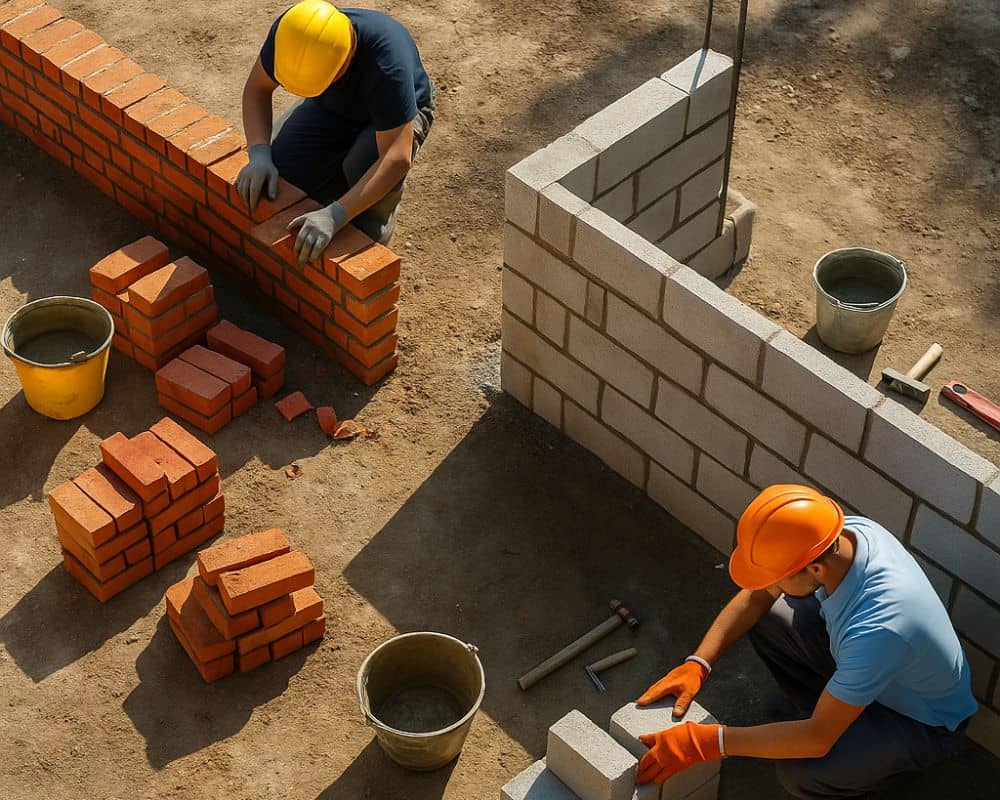 Side-by-side view of a brick masonry wall and a concrete block wall on a construction site