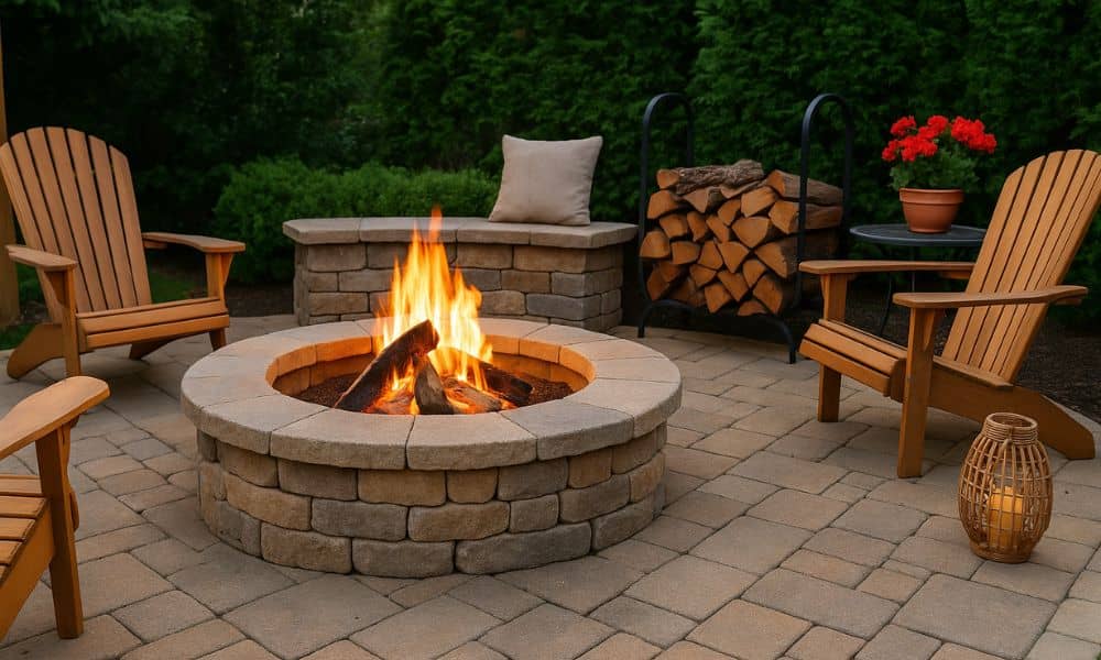 Cozy outdoor firepit area with built-in stone seating, string lights, and surrounding greenery for backyard relaxation