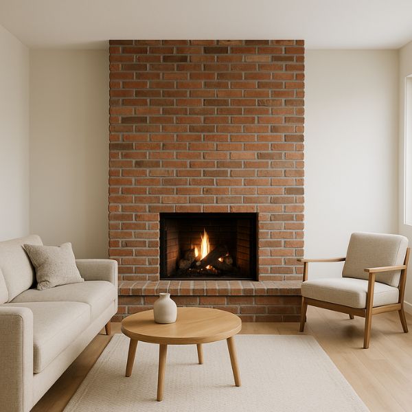 Modern home with a brick masonry fireplace and neutral decor