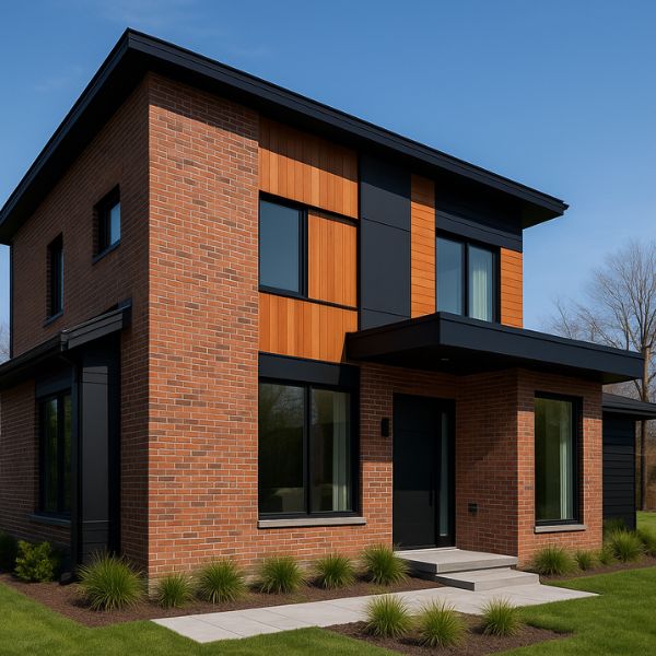 Contemporary home exterior blending brick, wood, and metal elements