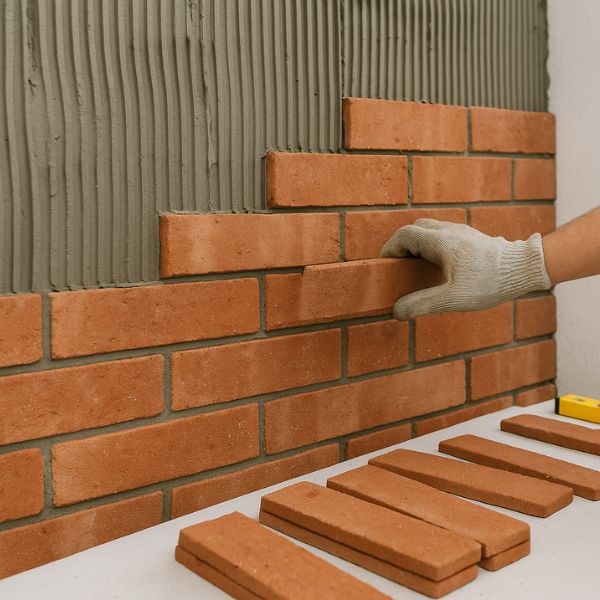Worker installing thin brick veneers on an interior wall during a home renovation project