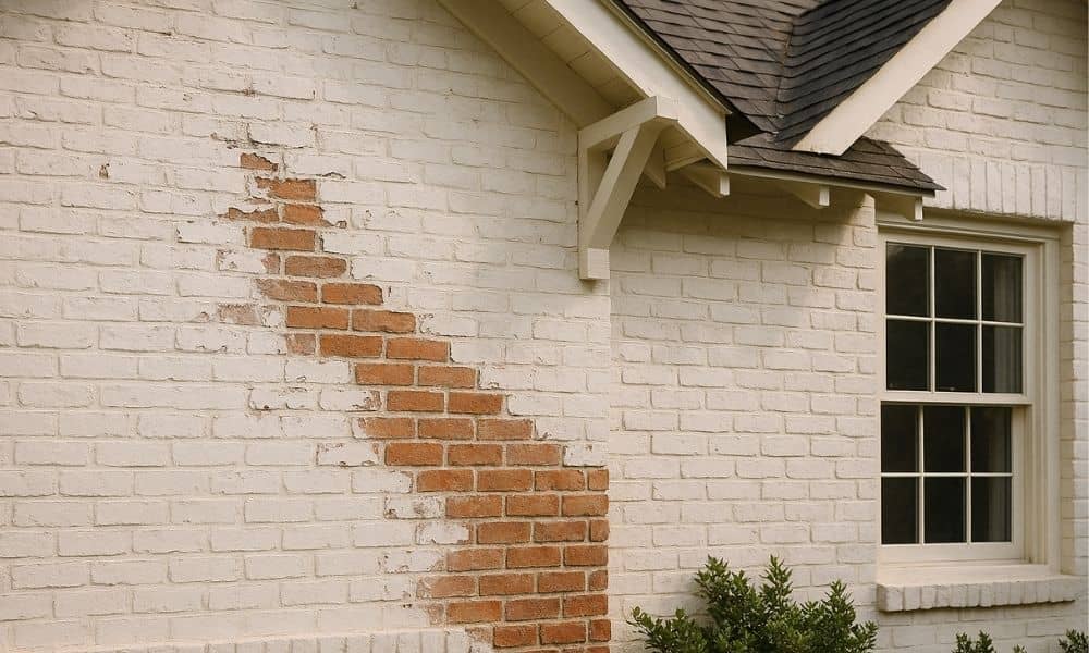 White painted brick home in Madison with part of the paint removed, revealing natural red brick underneath to show brick restoration