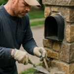 Professional stone mason repairing a stone mailbox with mortar in a residential neighborhood in Huntsville.
