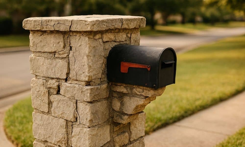 Close-up of a stone mailbox with visible cracks and wear in a suburban Huntsville neighborhood.
