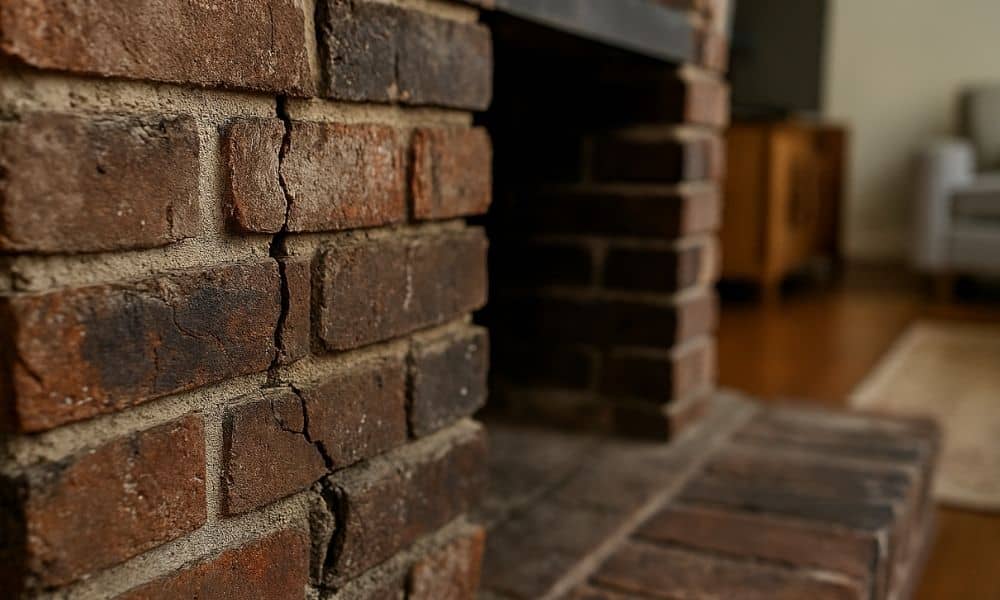 Close-up of a cracked brick hearth with visible masonry damage inside a home