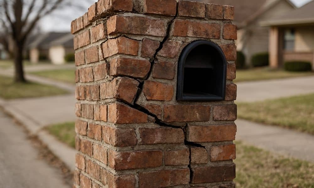Close-up of a cracked brick mailbox showing damage and mortar problems, illustrating common mailbox repair issues.