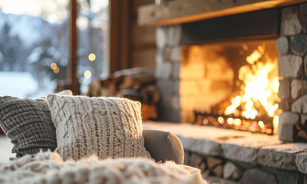 Cozy brick fireplace burning warmly indoors while snow and frost are visible outside the window during a winter cold snap