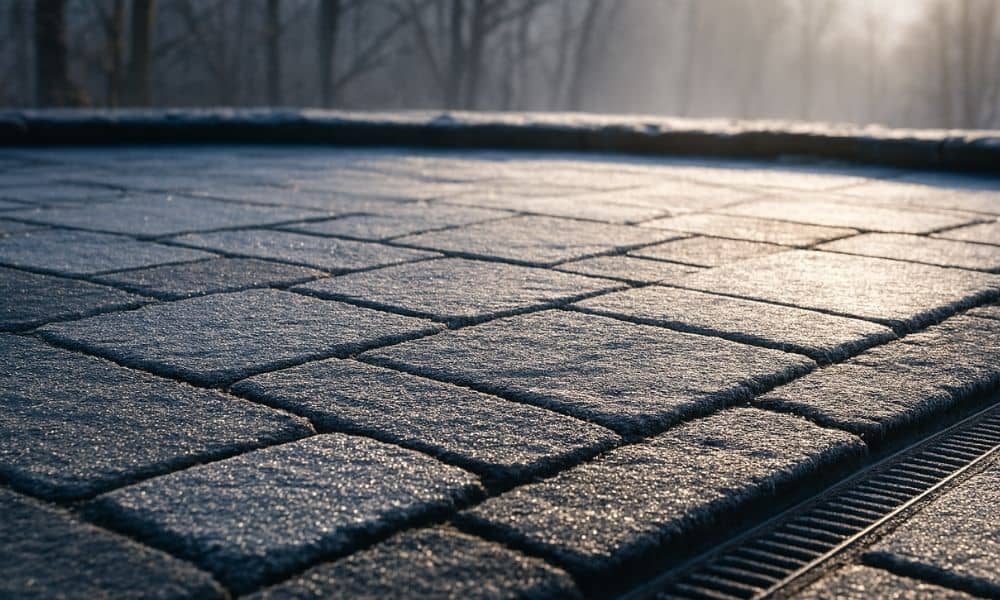 Stone patio with light frost and morning sunlight showing strong mortar joints and winter durability