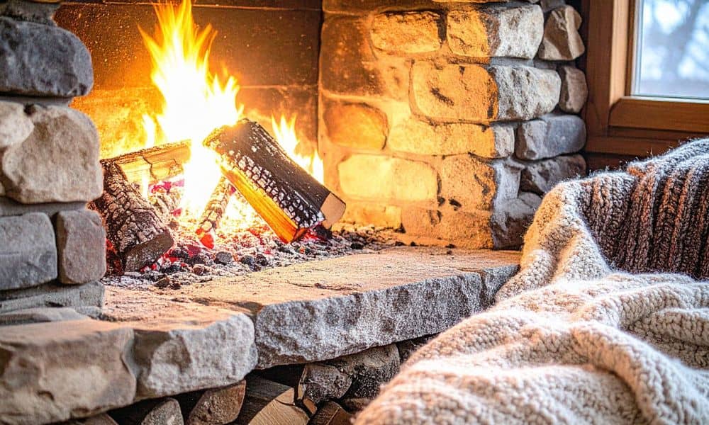 Cozy stone hearth with burning fire and blankets during winter