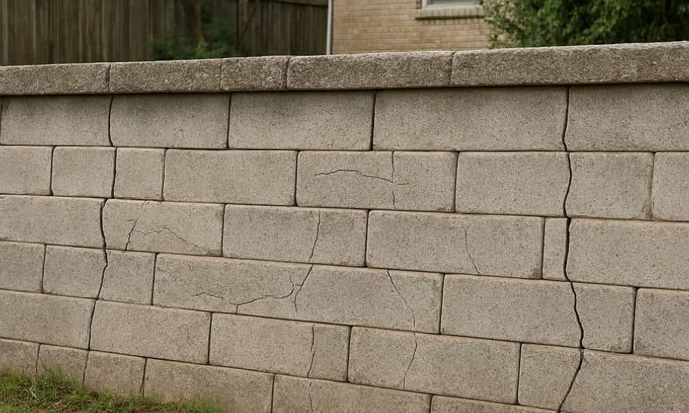 A backyard retaining wall with visible cracks and early signs of stress that suggest hidden issues forming below the surface