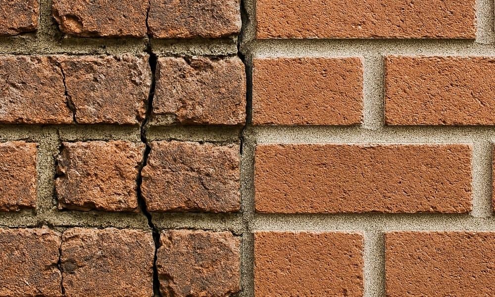 Before and after brick repair shown side by side, with cracked bricks on the left and a clean, restored brick wall on the right