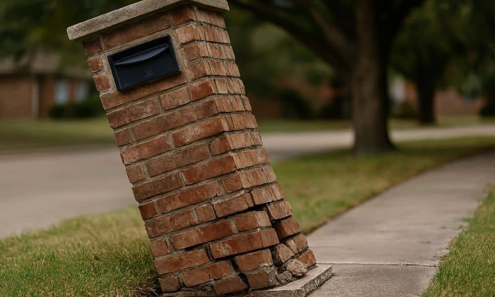 Leaning brick mailbox with base separation showing why mailbox repair often fails