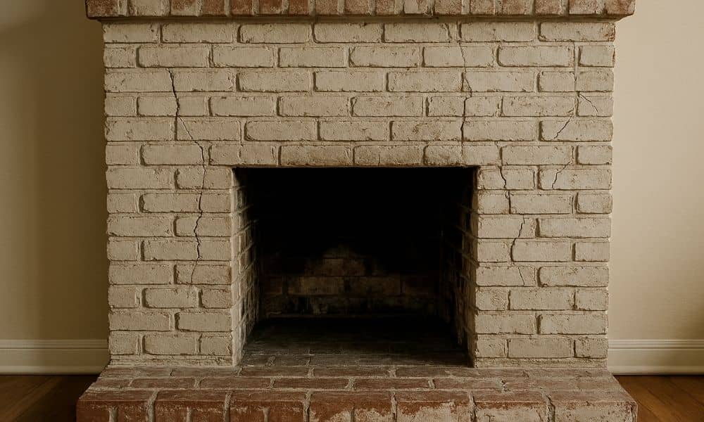 Painted brick fireplace with cracked mortar joints needing fireplace repair