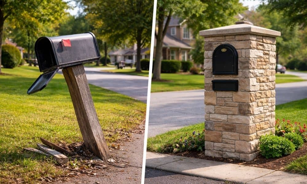 Stone mailbox built to replace a broken curbside mailbox after repeated vandalism