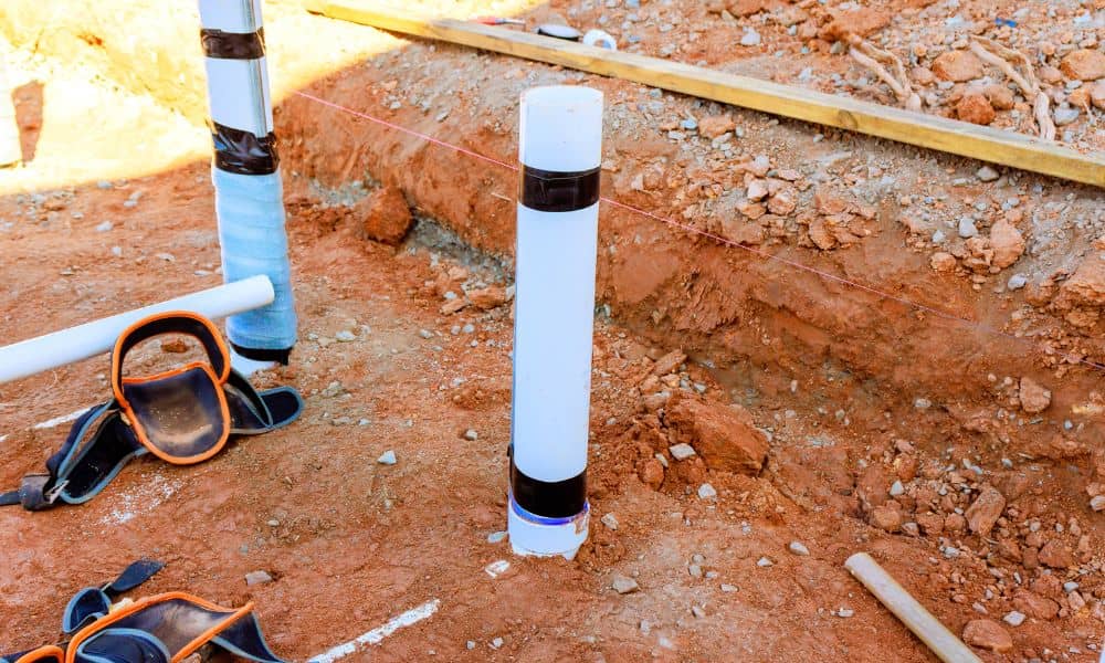 Construction staking survey showing building layout marked with stakes and string lines