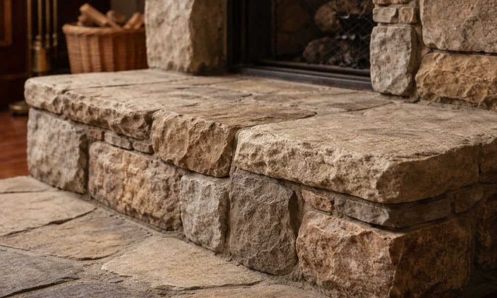 Natural stone hearth with visible mortar joints showing traditional masonry craftsmanship