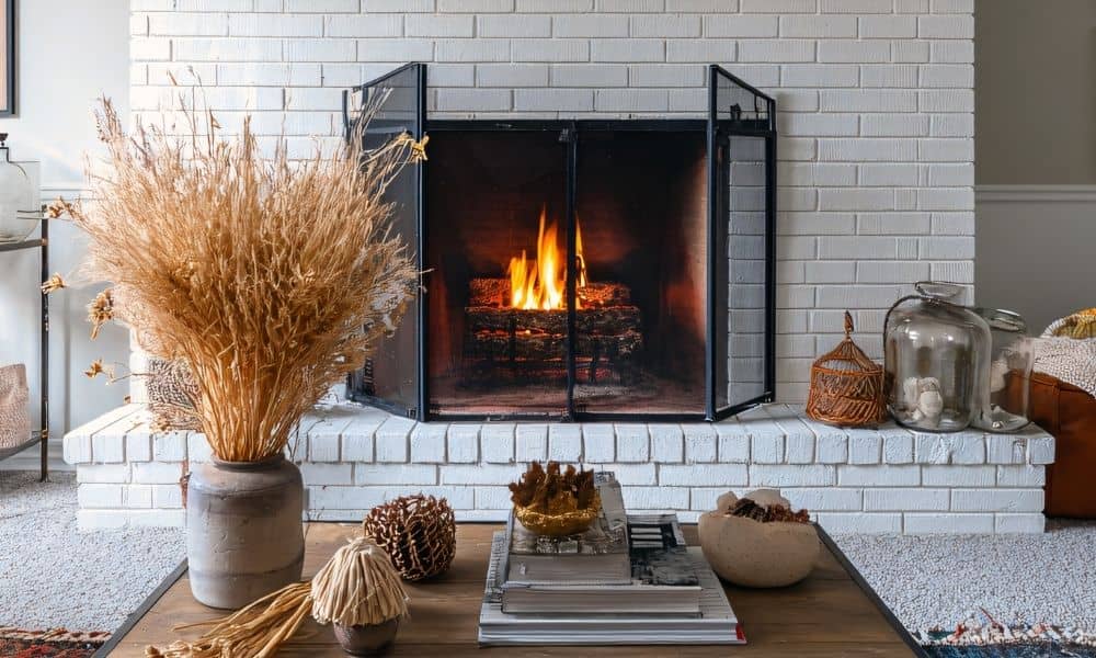 Brick hearth beneath a painted fireplace, showing hearth stability and fireplace safety in a residential living room