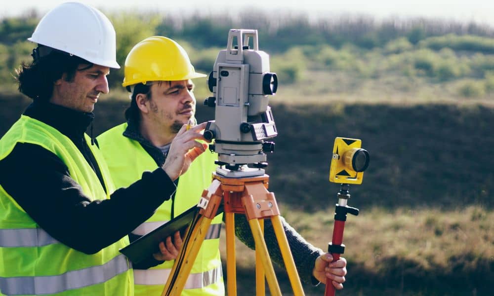 Licensed land surveyors performing detailed field measurements with surveying equipment