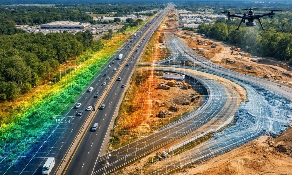 Aerial highway corridor with terrain scan overlay showing how lidar mapping dothan supports transportation planning and road design