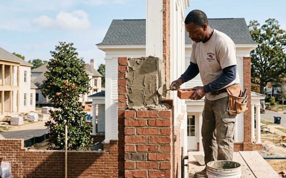 Professional brick mason installing red brick exterior wall on a Birmingham