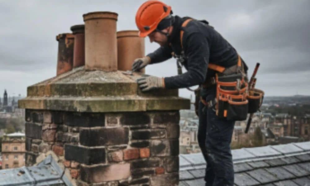 Technician performing fireplace repair on a brick chimney structure