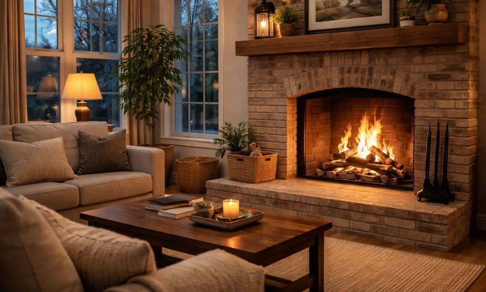Warm modern living room featuring a brick fireplace with glowing fire creating a cozy focal point