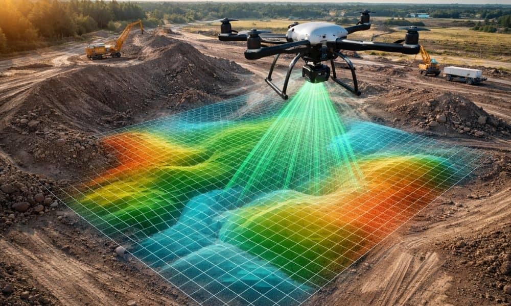 Drone performing lidar mapping over a construction site with visible terrain grid used for compliance monitoring