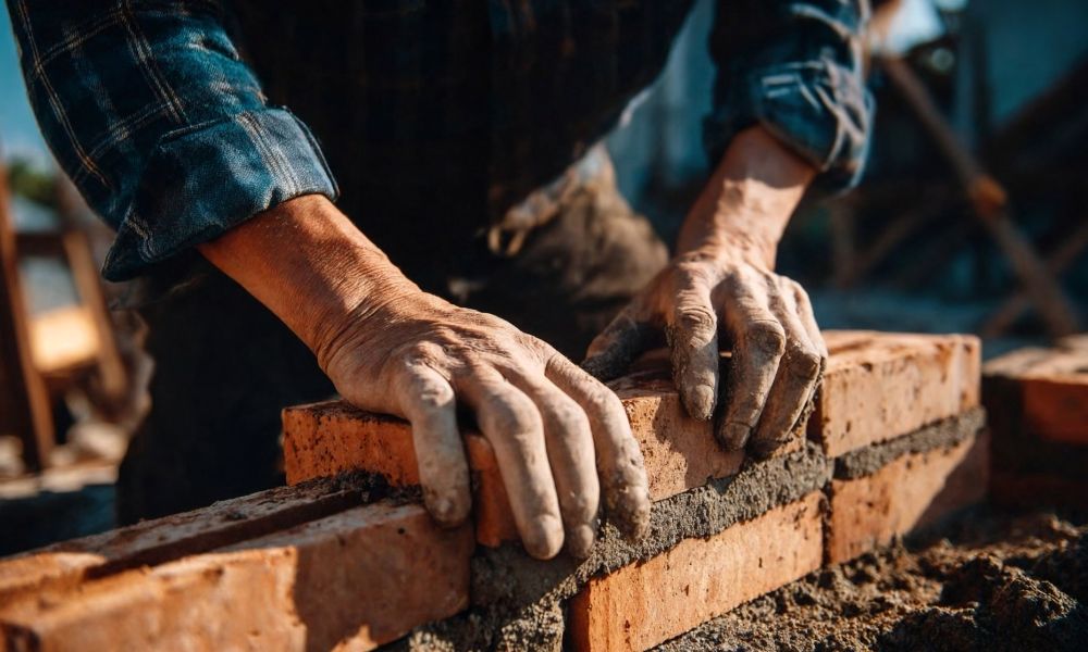 Skilled brickmason laying bricks for a residential wall
