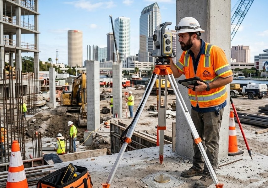 Land surveyor performing as-built survey measurements at a construction site in Tampa