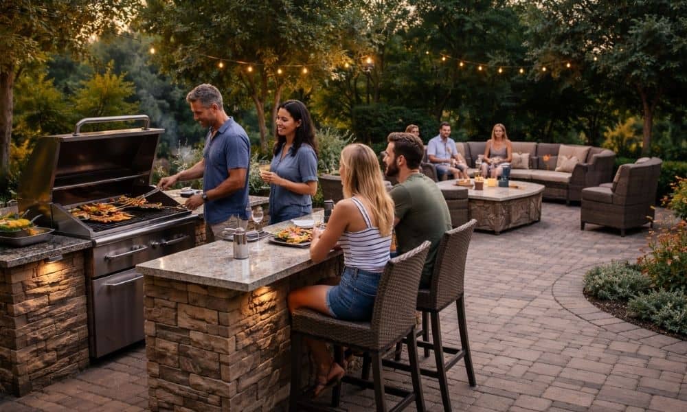 Family gathering around a modern outdoor kitchen with stone patio and built-in grill in a backyard setting