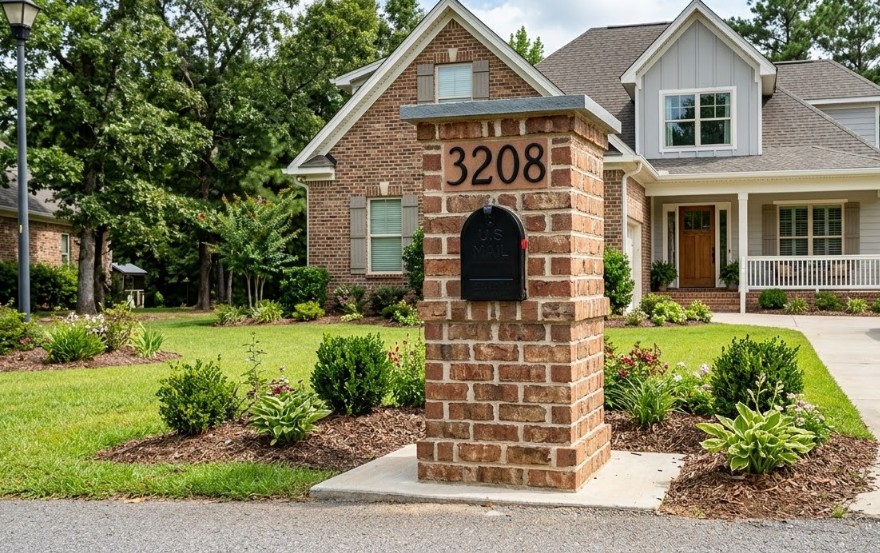 Custom brick mailbox with house numbers in front of a residential home in Huntsville Alabama