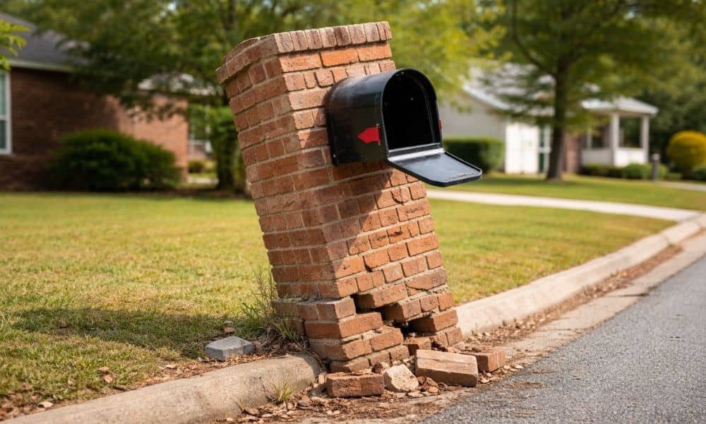 Leaning brick mailbox with cracked mortar beside a residential road showing why mailbox repair may be needed