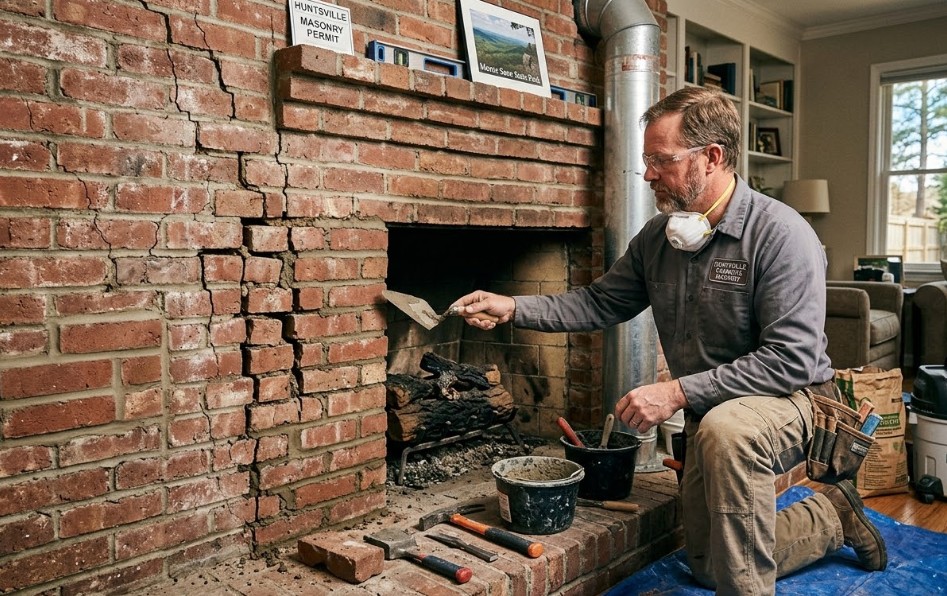 Professional repairing a brick fireplace in Huntsville Alabama showing cracked mortar restoration and chimney maintenance