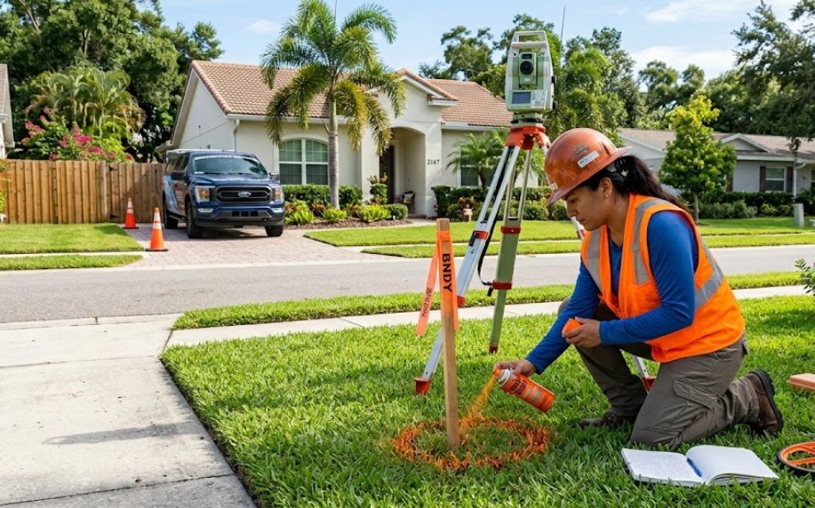 Land Surveyor marking residential property boundary during Home Survey in Tampa neighborhood