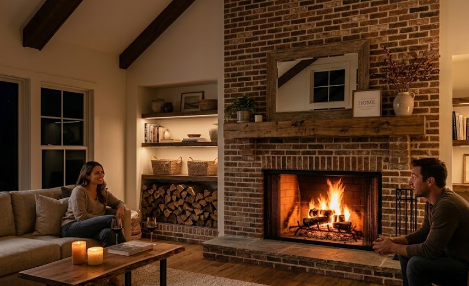 Beautiful custom brick fireplace in a Huntsville AL home with modern rustic design and clean masonry work