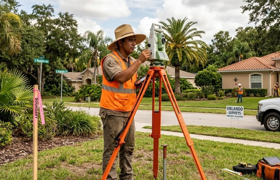 Land surveyor measuring property boundaries for a land survey cost evaluation in Orlando
