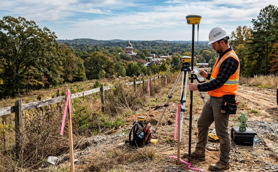 Land surveyor using GPS equipment to measure property boundaries in LaGrange