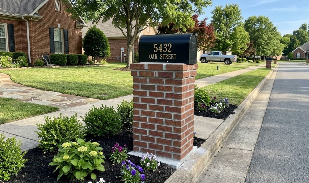 Brick mailbox repair in Madison Alabama showing restored mortar joints and straightened structure for improved curb appeal