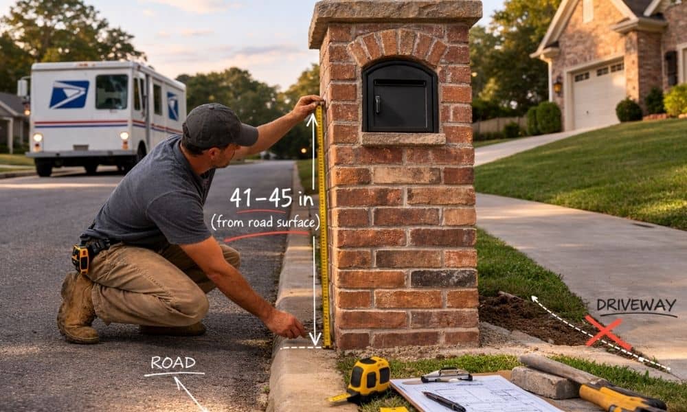 Contractor measuring a masonry mailbox height from the road surface to ensure proper curbside placement