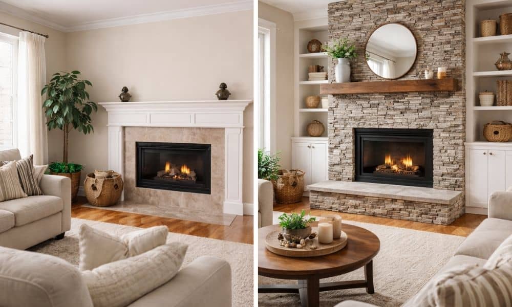 A cozy modern living room featuring a stone fireplace as the focal point, surrounded by layered interior design elements like wood accents and warm lighting