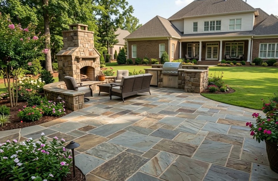 Custom stone patio in Madison AL backyard with natural stone design and professional masonry craftsmanship