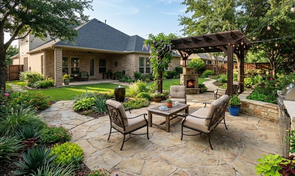 Custom stone patio in McKinney TX backyard with seating area, natural flagstone, and integrated landscaping