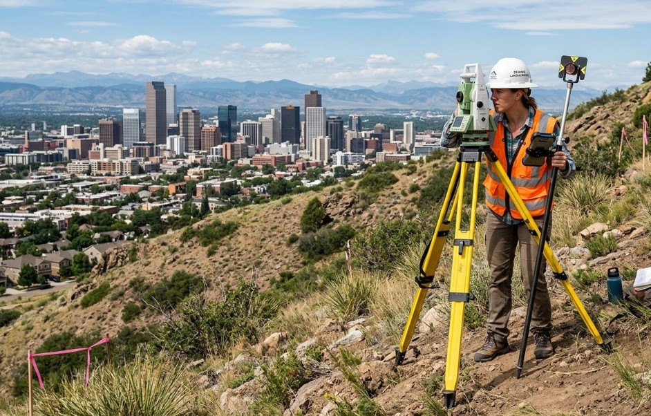 Surveyor conducting a topographic survey with equipment on a sloped property in Denver
