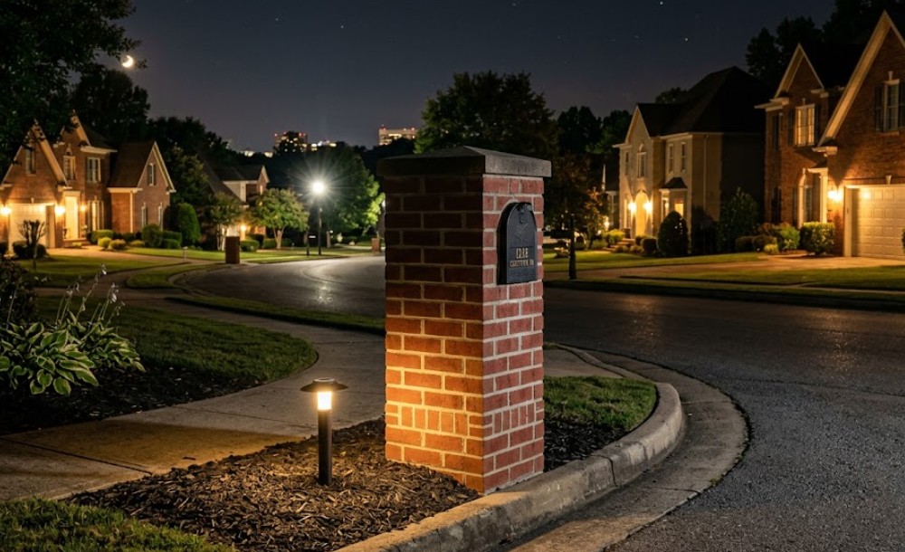 A professionally constructed red brick mailbox standing straight and level in a residential Birmingham neighborhood.