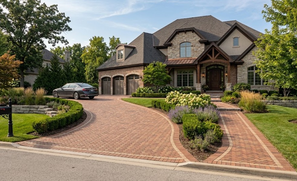 A high-end residential driveway and walkway featuring expertly laid brick pavers in a classic pattern, designed for durability and curb appeal.