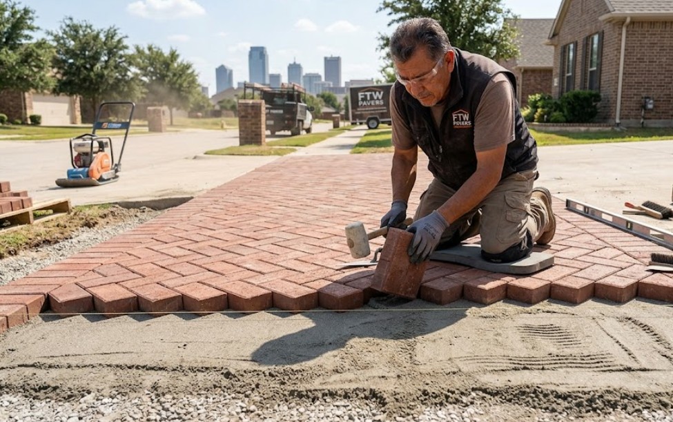Expert masonry contractor carefully laying durable brick pavers in a classic herringbone pattern on a prepared sub-base in Fort Worth, Texas