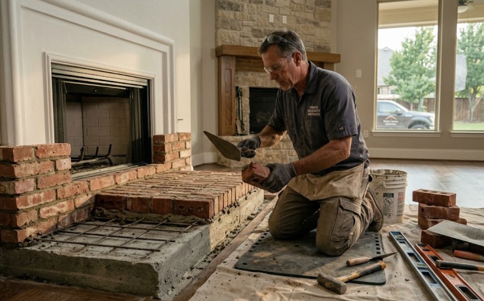 Expert mason installing a custom brick hearth with reinforced foundation in a residential Frisco, Texas home.