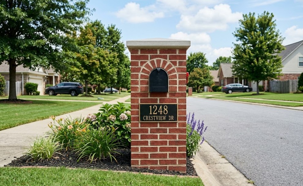 A restored and leveled brick mailbox in a North Alabama neighborhood showing professional mortar work.